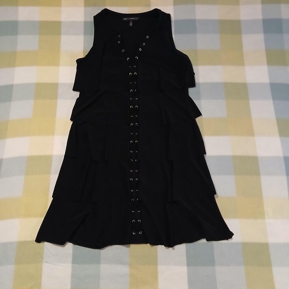 White House Black Market Grommet Lace Up Ruffle Dress Black Women's Size S